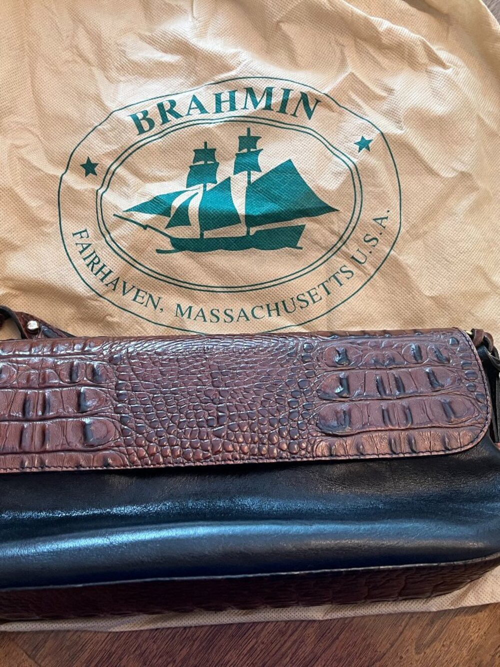 Brahmin Shoulder Bag - Black Leather with Brown Croc Embossed Leather